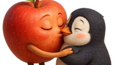 Apfel und Pinguin: Man kommt sich näher (Bild: KI-generiert)